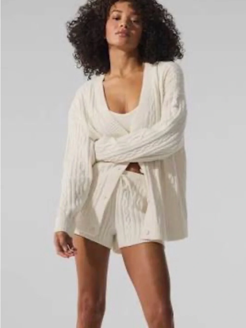ALO Yoga Ivory Cable-Knit Open Cardigan